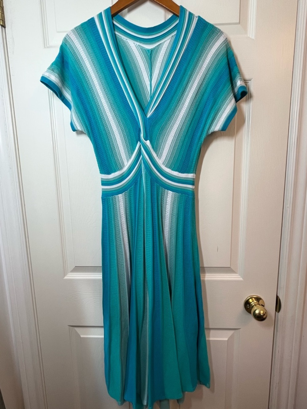 Trina Turk Teal, Turquoise & White Striped V‑Neck Knit Midi Bonet Dress